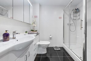 Regadera, secadora de cabello, toallas, jabón 