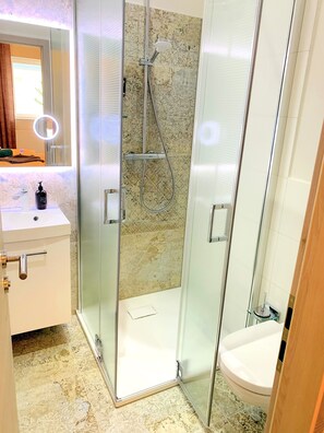 Shower, hair dryer, towels, soap