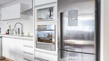 Fridge, microwave, oven, coffee/tea maker