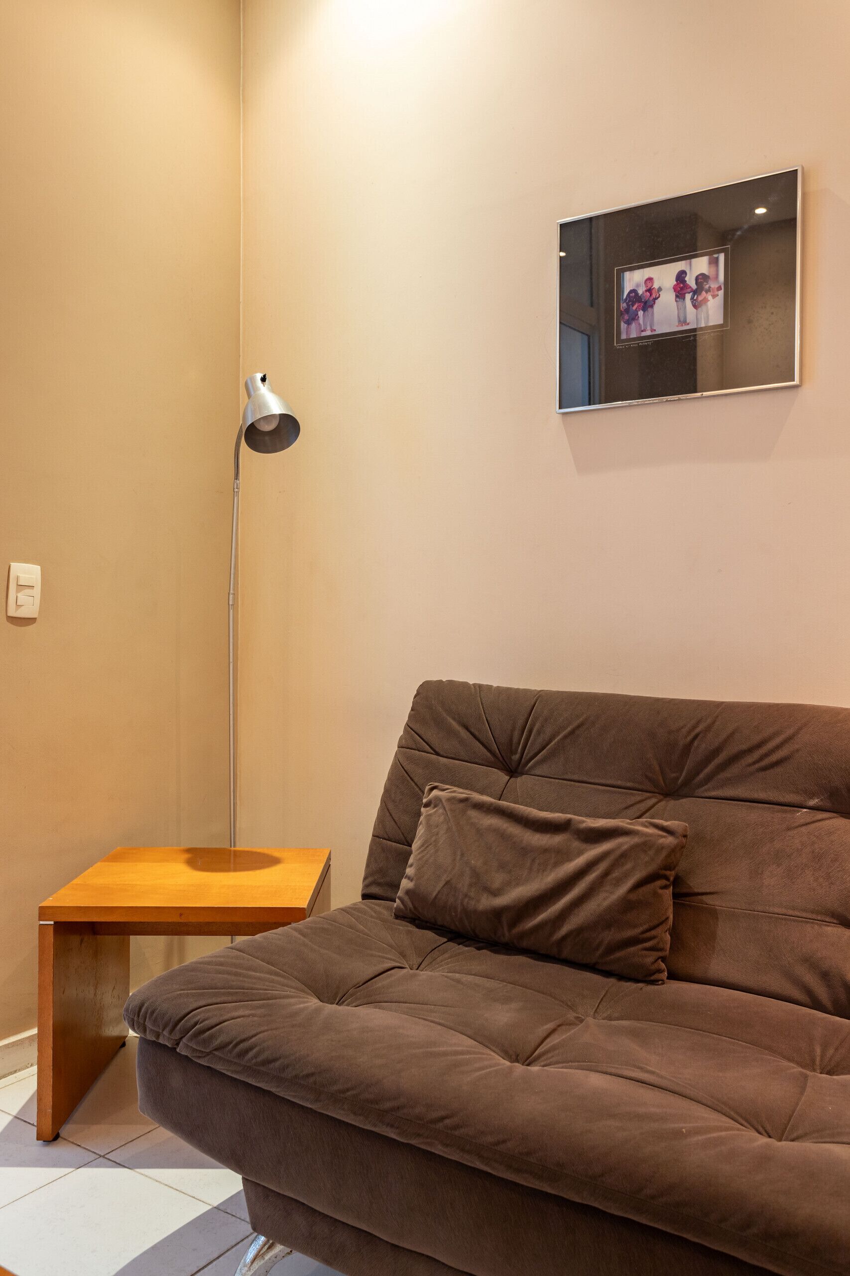 A brown sofa with a cushion, a small wooden side table, a floor lamp, and a framed picture on the wall.