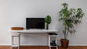 A modern living room with a flat-screen TV on a white console table, a small side table, a potted plant, and a bamboo plant.