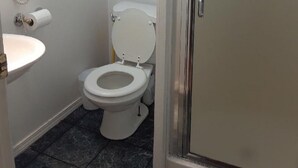 Ein Badezimmer mit Toilette, Waschbecken, Schrank und Duschabtrennung.