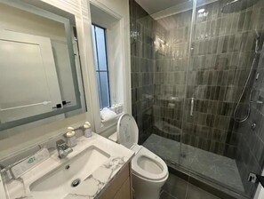 Hair dryer, towels, soap, shampoo