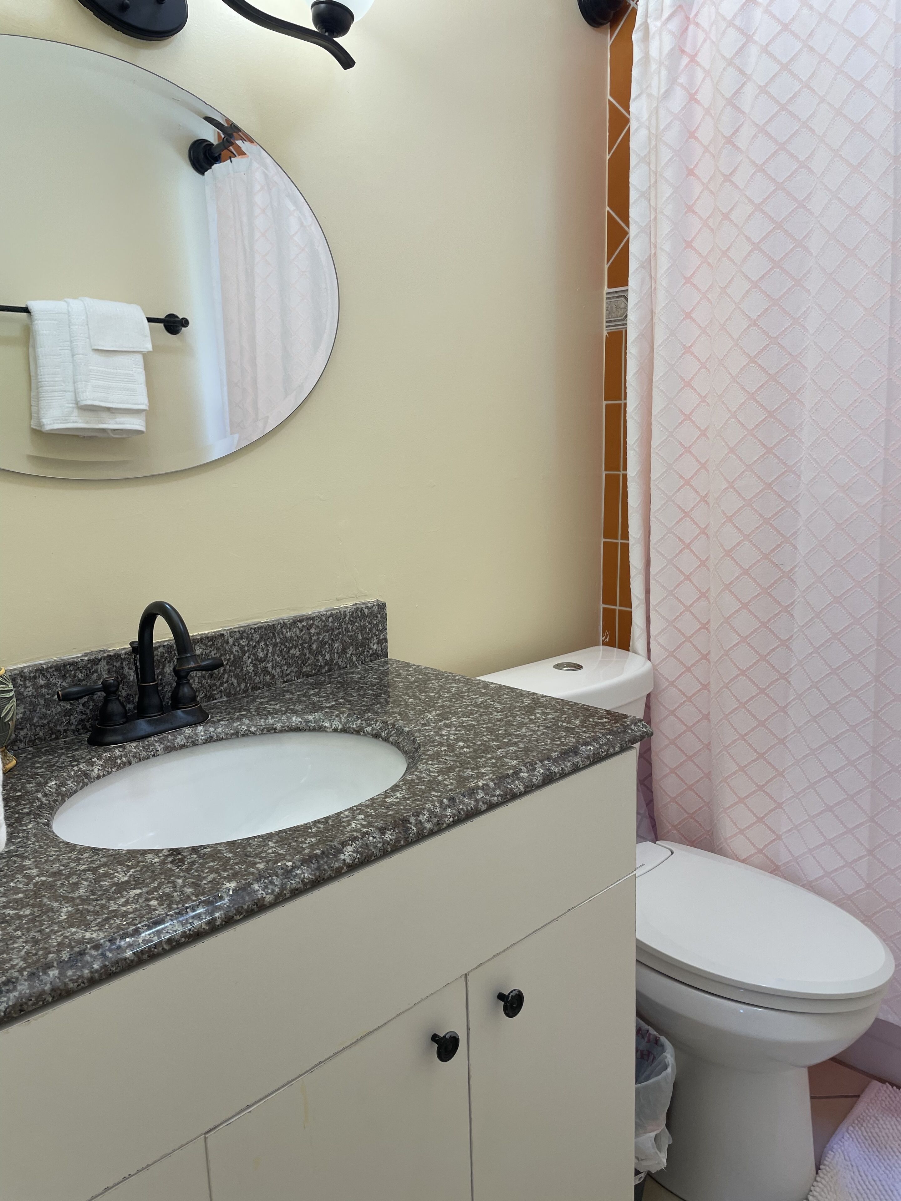 A bathroom with a granite countertop sink, a white toilet, and a shower curtain.