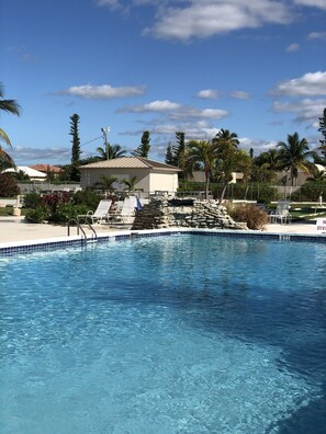 Relax by the pool surrounded by lush greenery and palm trees.