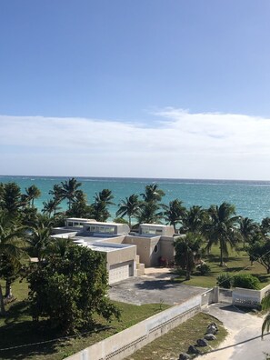 Enjoy stunning ocean views from this coastal retreat surrounded by lush greenery and palm trees.