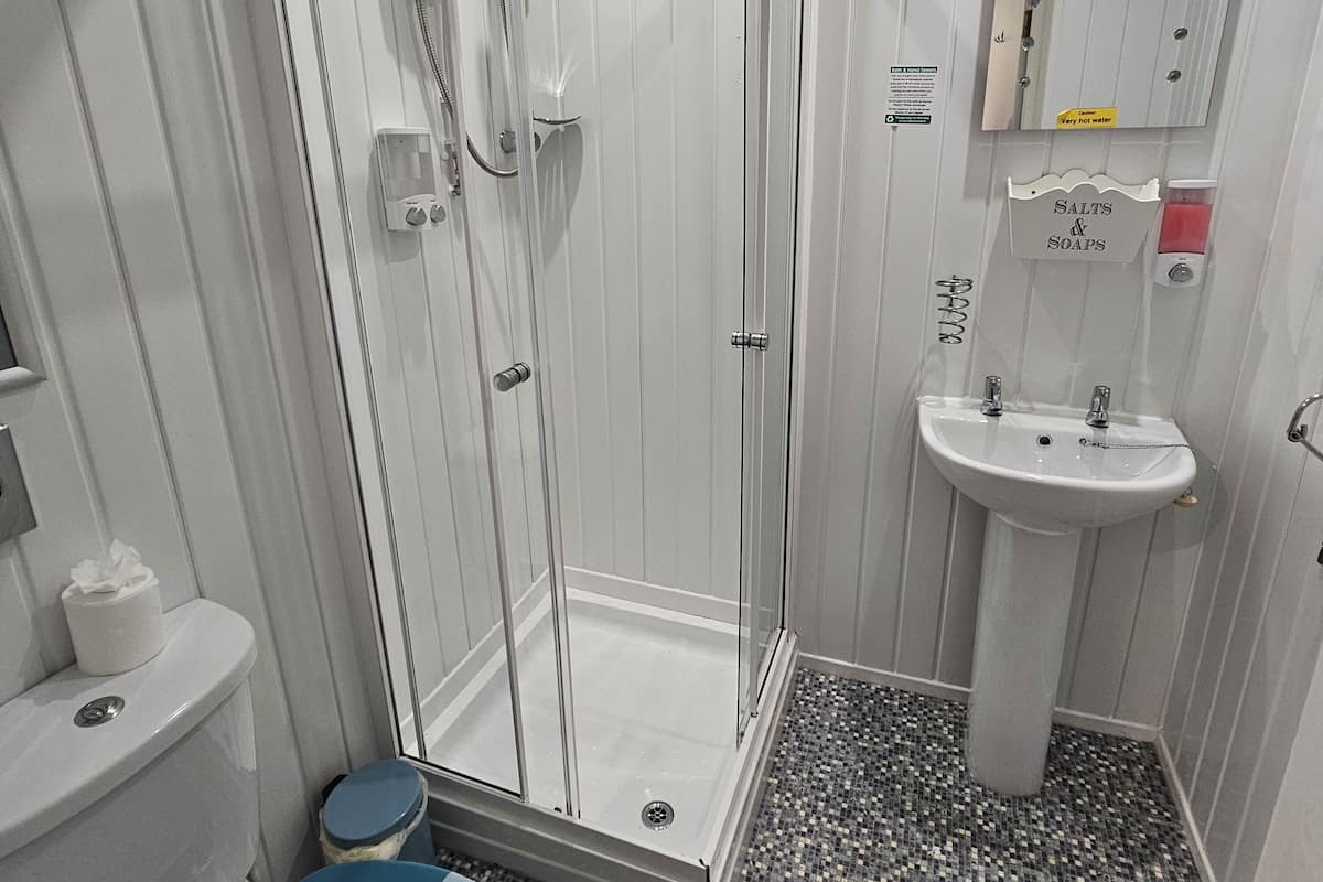 A bathroom with a glass-enclosed shower, a sink, and a toilet.