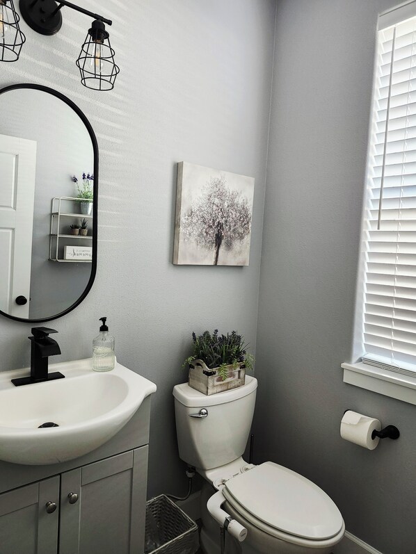 Une salle de bain avec un lavabo blanc, un robinet noir et des toilettes sur lesquelles est posé un pot de fleurs.