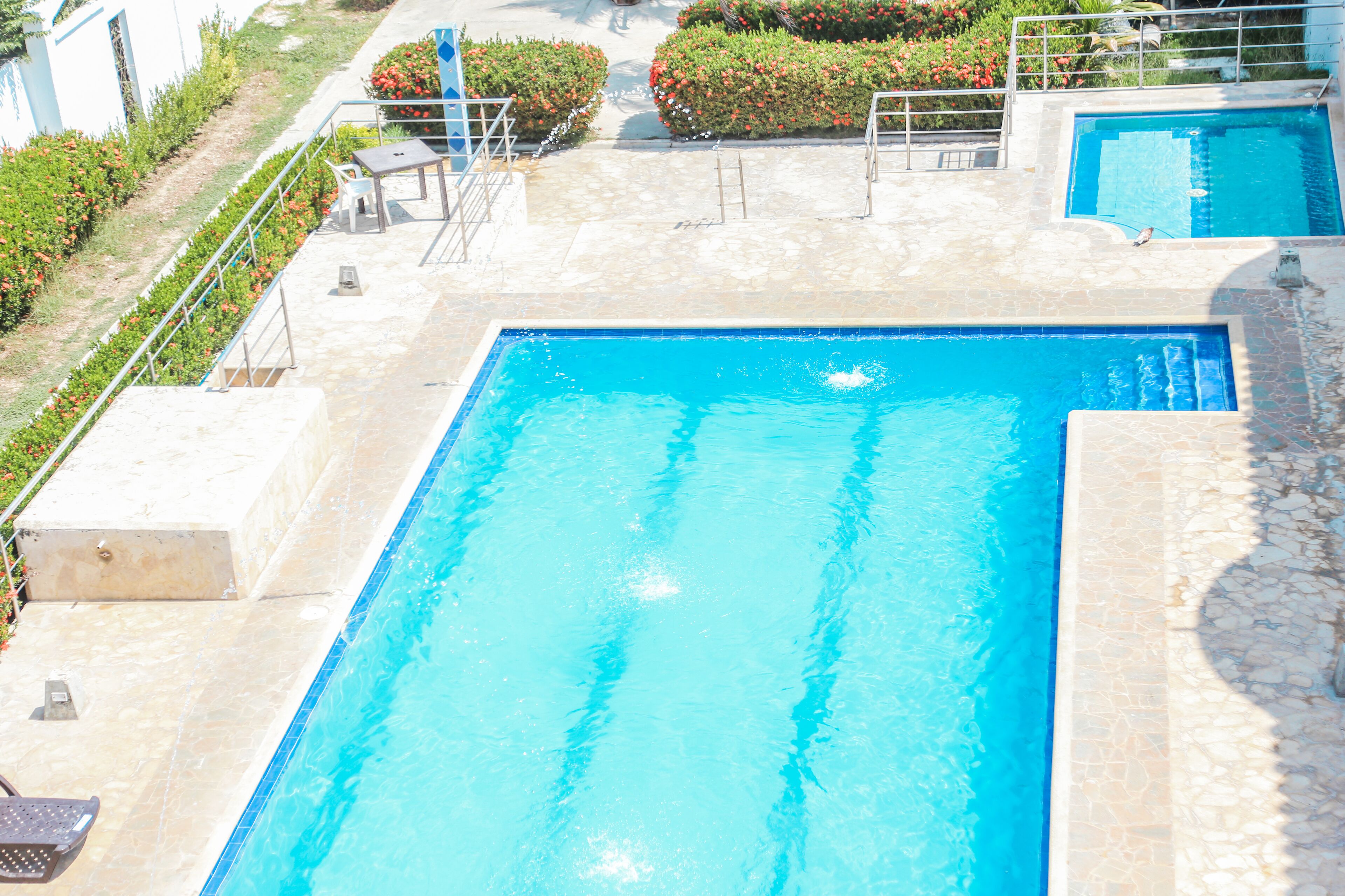 Outdoor pool, pool umbrellas