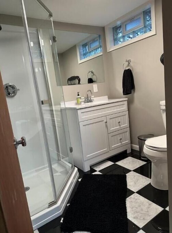Une salle de bain avec une douche à parois de verre, un meuble-lavabo blanc avec un miroir, un carrelage noir et blanc à motifs et des toilettes.