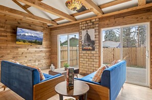 Smart-TV, Kamin, Bücher, Musikbibliothek