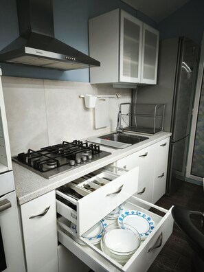 Fridge, microwave, oven, stovetop