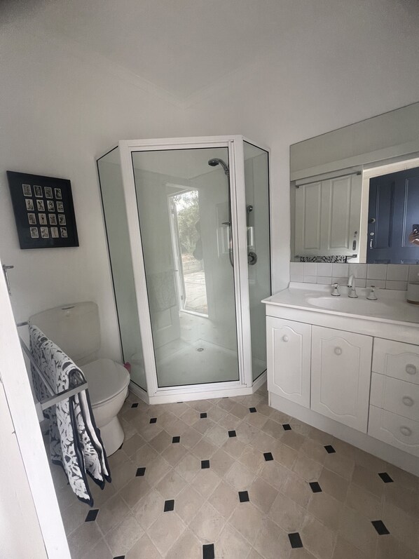 Un baño con cabina de ducha de vidrio, inodoro y tocador con espejo.