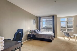 1 bedroom, desk, iron/ironing board, bed sheets