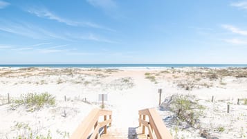 On the beach, sun-loungers, beach towels