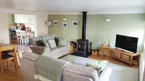 Un salón acogedor con sofá, televisor, chimenea y comedor con sillas y mesa.