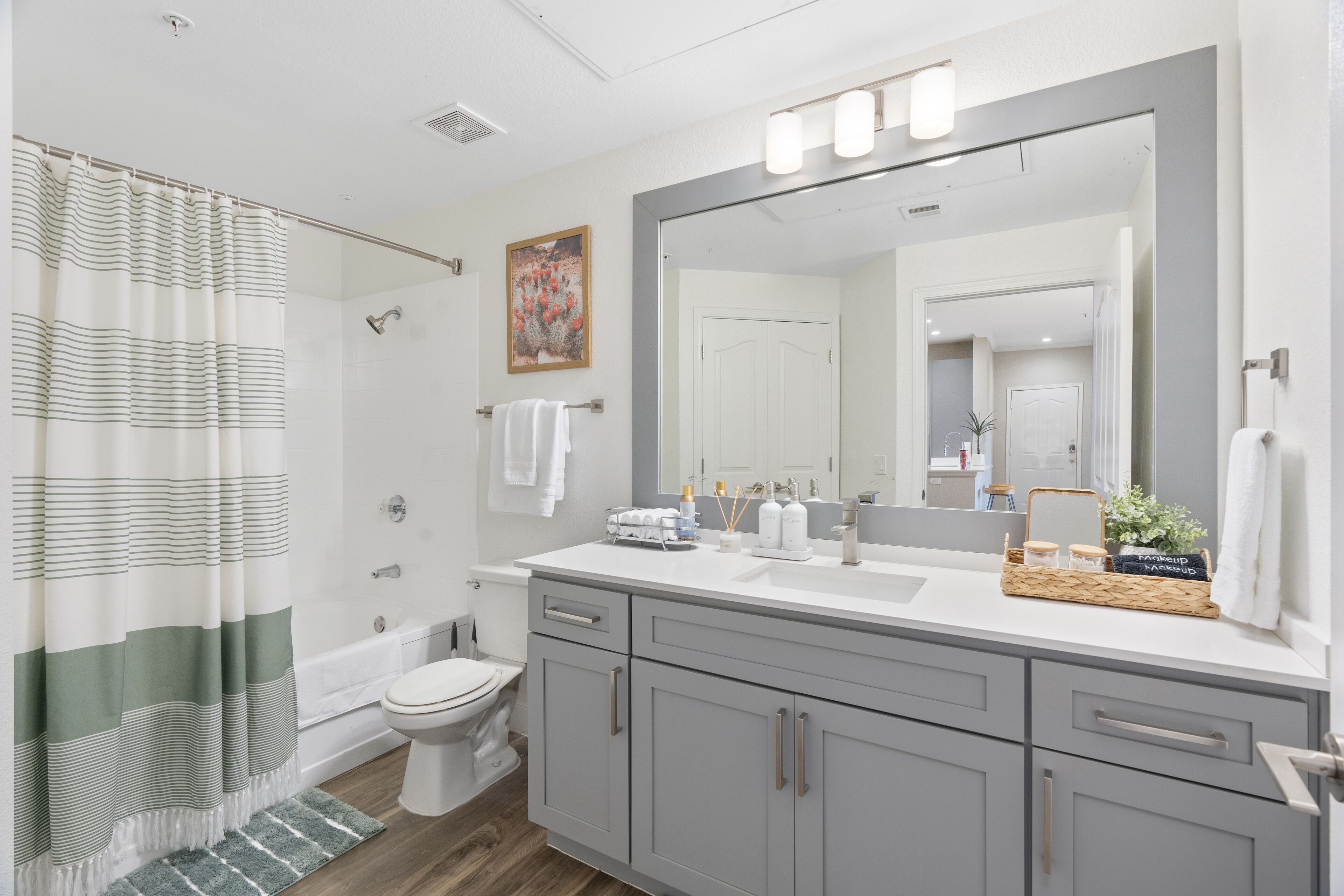 Hair dryer, towels, soap, shampoo