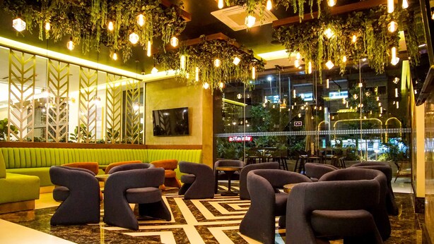 A modern lounge area with plush seating, a patterned floor, and hanging plants. - Hotel Antré Chapultepec (Guadalajara)