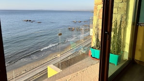 A balcony with a view of the sea, a stone wall, and a potted plant. - PACIFICSUNSET CONCÓN (Concon)