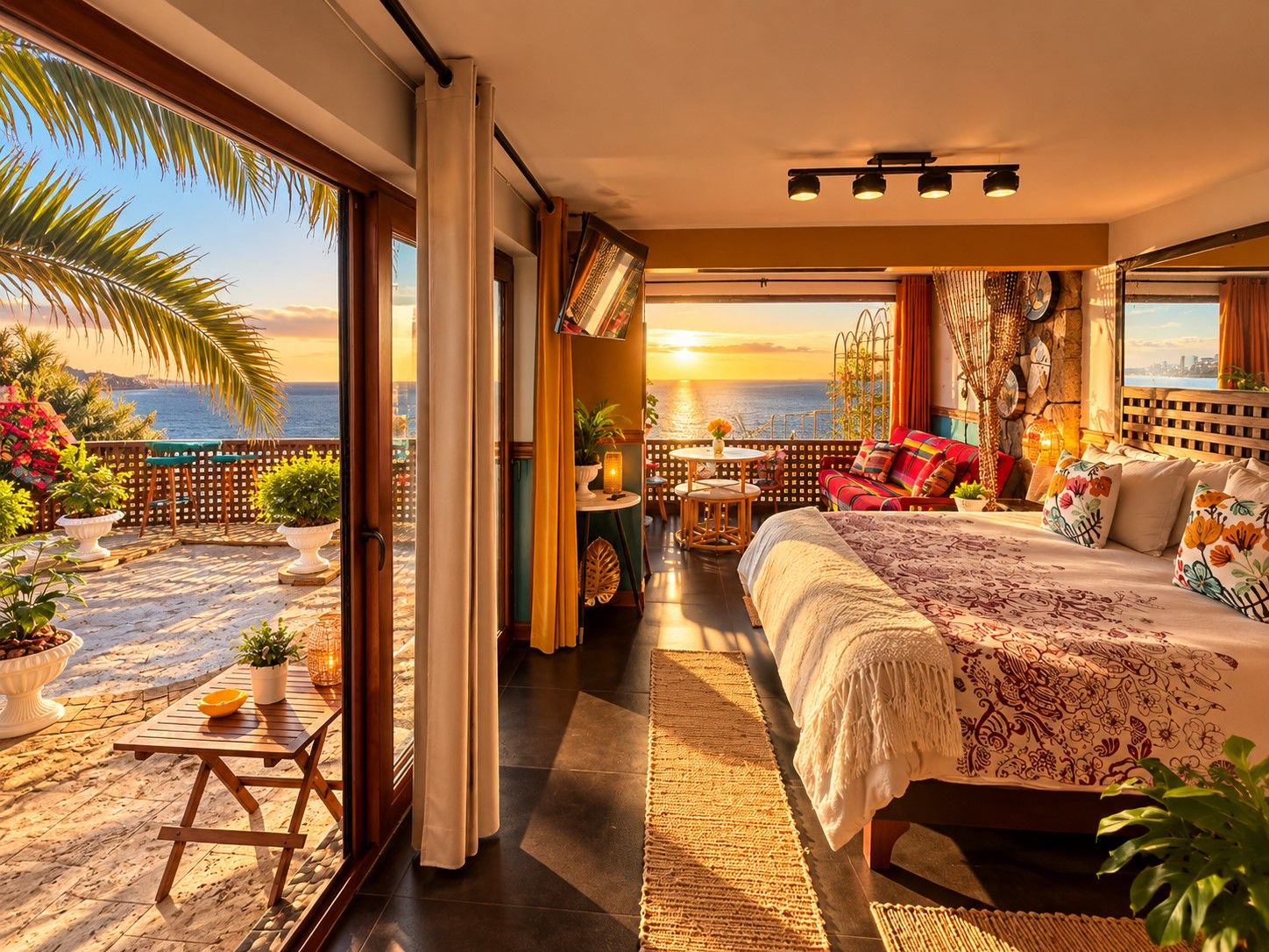 A bedroom with a large bed, a balcony with plants, and a view of the sea.
