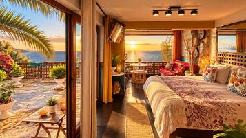 A bedroom with a large bed, a balcony with plants, and a view of the sea.