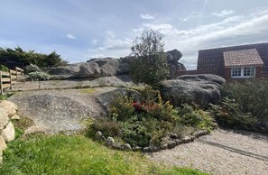 Stroll through a serene garden area surrounded by natural elements and a wooden fence, featuring a small tree and large rocks.
