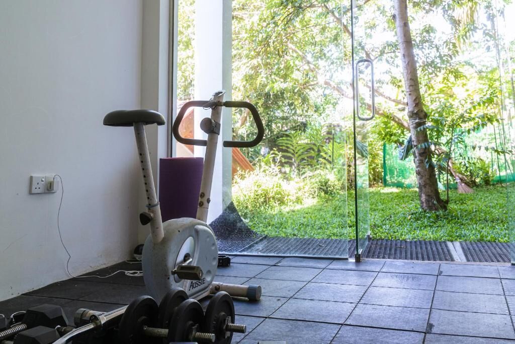 Een sportschool met trainingsapparatuur en uitzicht op een tuin.