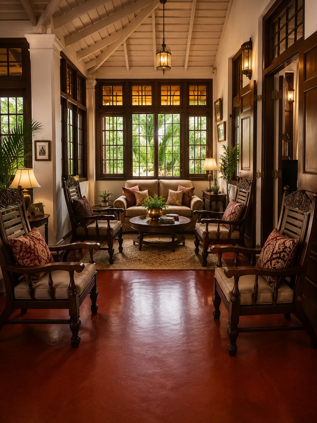 A room with a high ceiling, large windows, and a central coffee table surrounded by four armchairs.