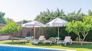 Una piscina con lettini e ombrelloni, circondata dal verde.