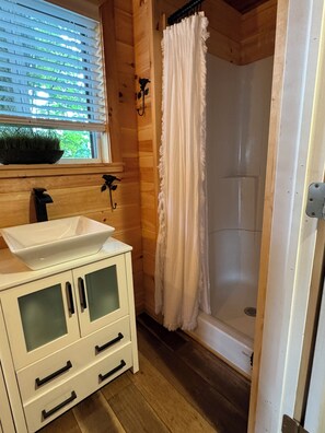 Shower, hair dryer, towels, toilet paper