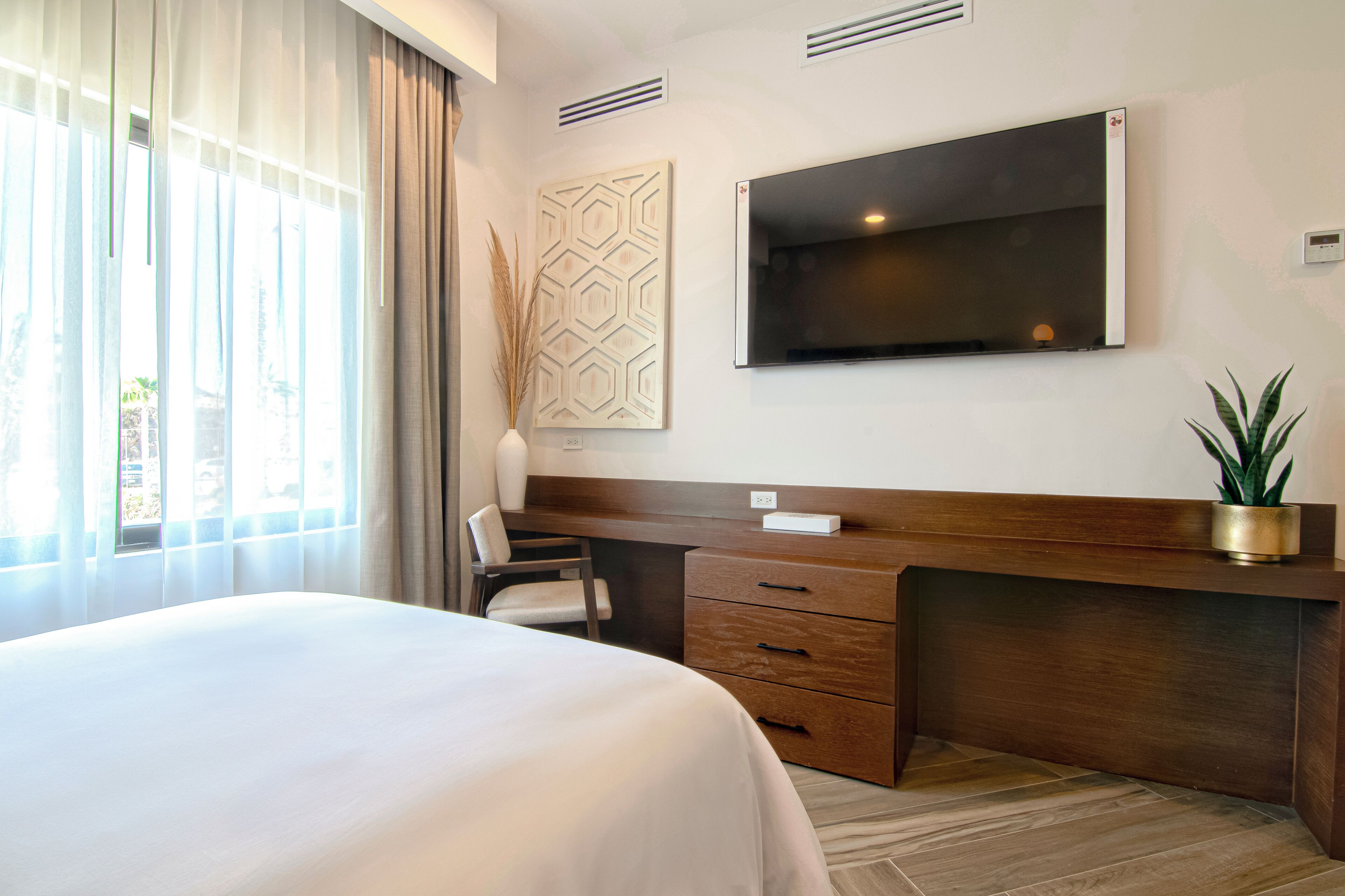 Habitación de hotel con una cama grande, un escritorio de madera, un televisor de pantalla plana y una planta en maceta.
