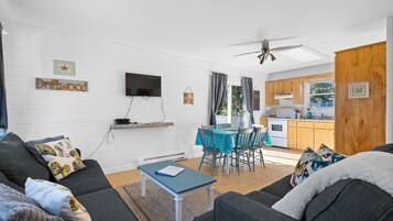 Smart-TV, peis, DVD-spiller og bøker