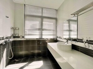 Shower, hydromassage showerhead, free toiletries, hair dryer
