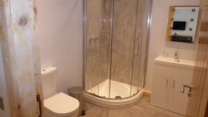 A bathroom with a glass-enclosed shower, a white toilet, a sink with a mirror above it, and a cabinet with drawers. - The Stables Lower Cottage 5 (Auchendennan) - sleeps 2 guests  in 1 bedroom (Alexandria)