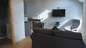 Un salon moderne avec un canapé, un téléviseur fixé au mur et un coin cuisine à l’arrière-plan.
