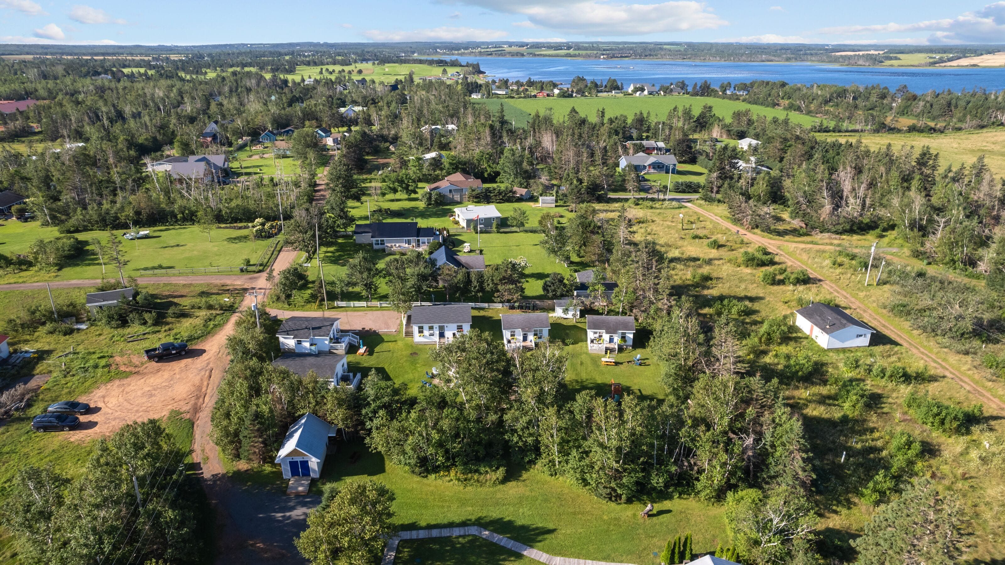An aerial view of a residential area with houses, a lake, and surrounding greenery.