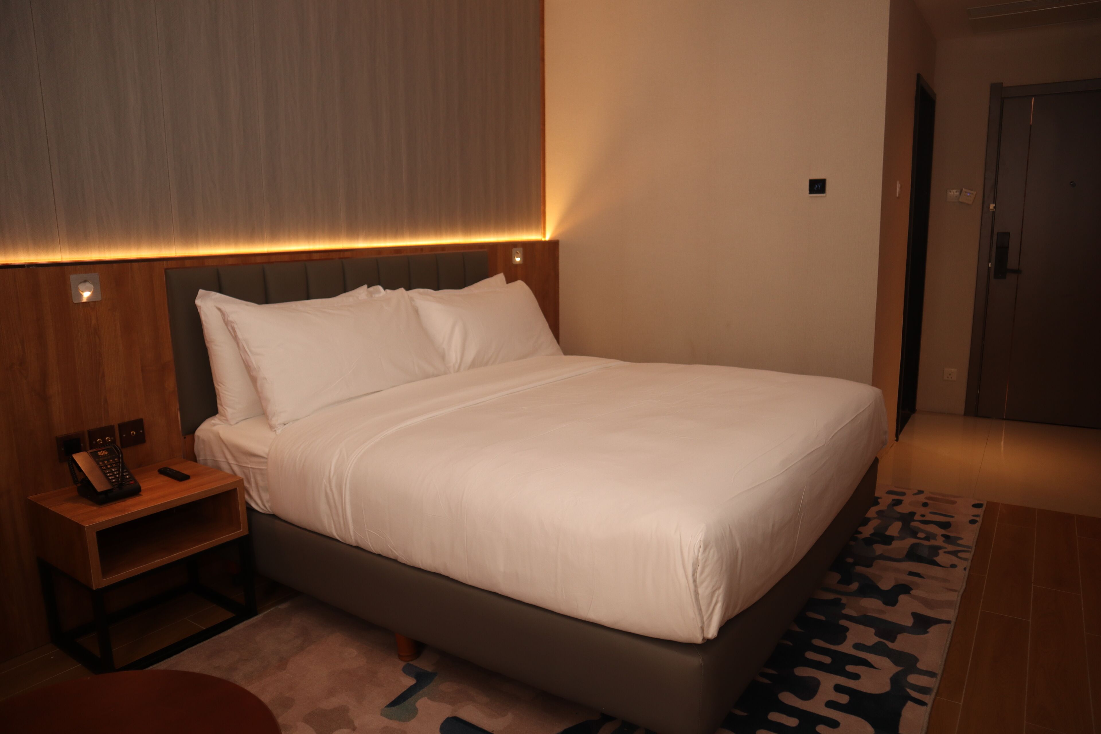 A modern hotel room with a large bed, a bedside table with a phone, and a patterned rug.