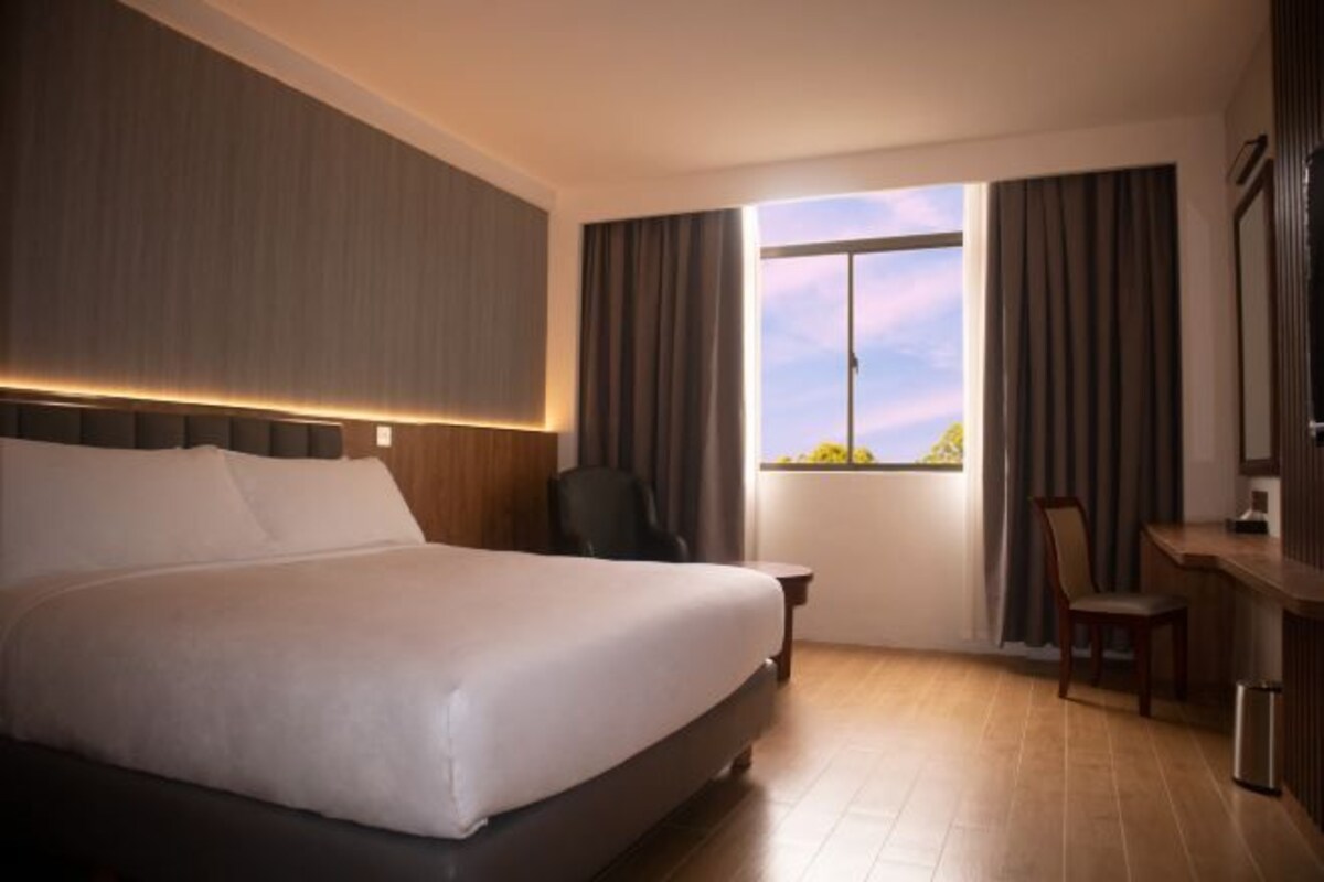 A hotel room with a large bed, a desk, and a view of the outdoors.
