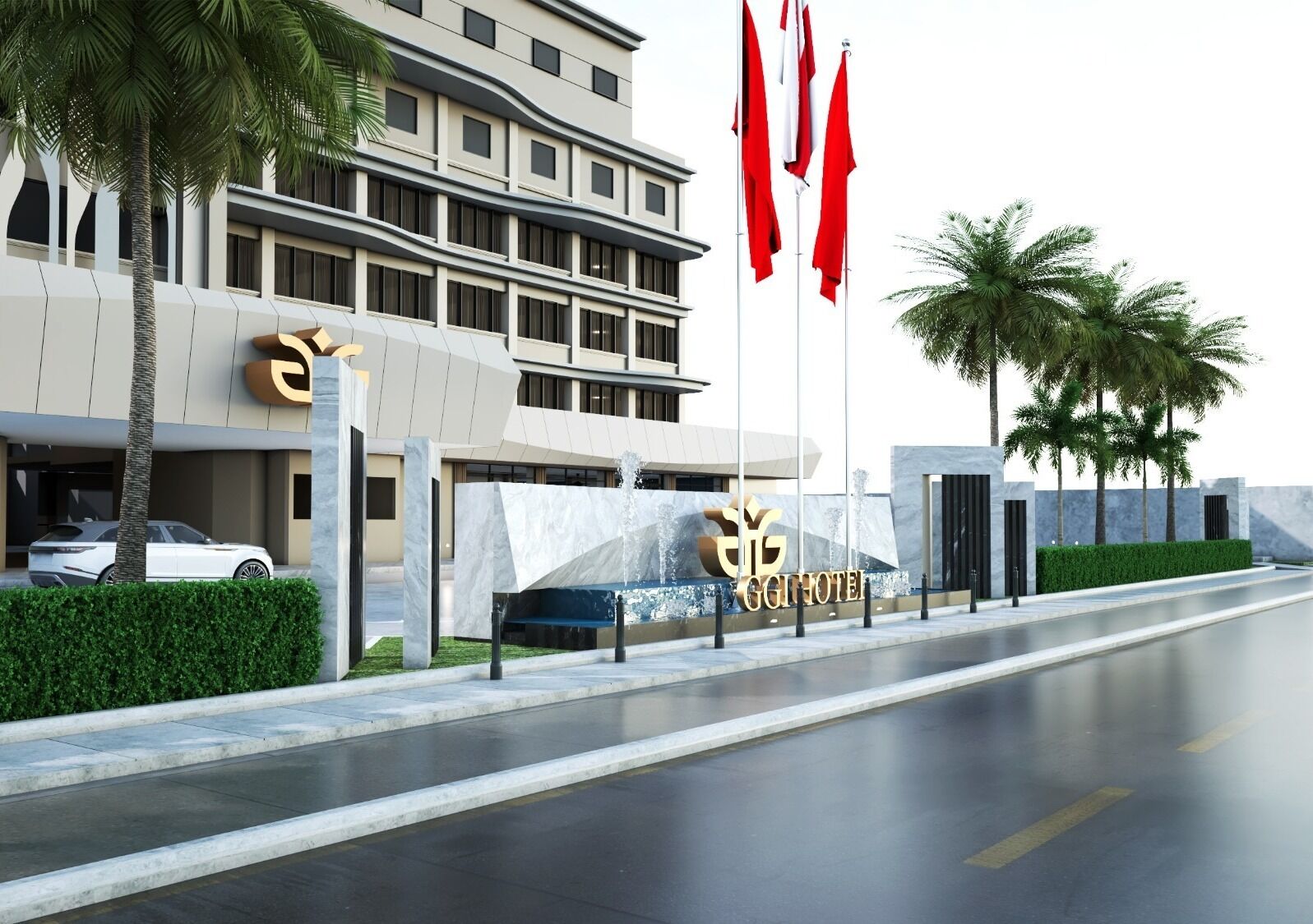 A modern hotel with a prominent logo, a fountain, and palm trees.