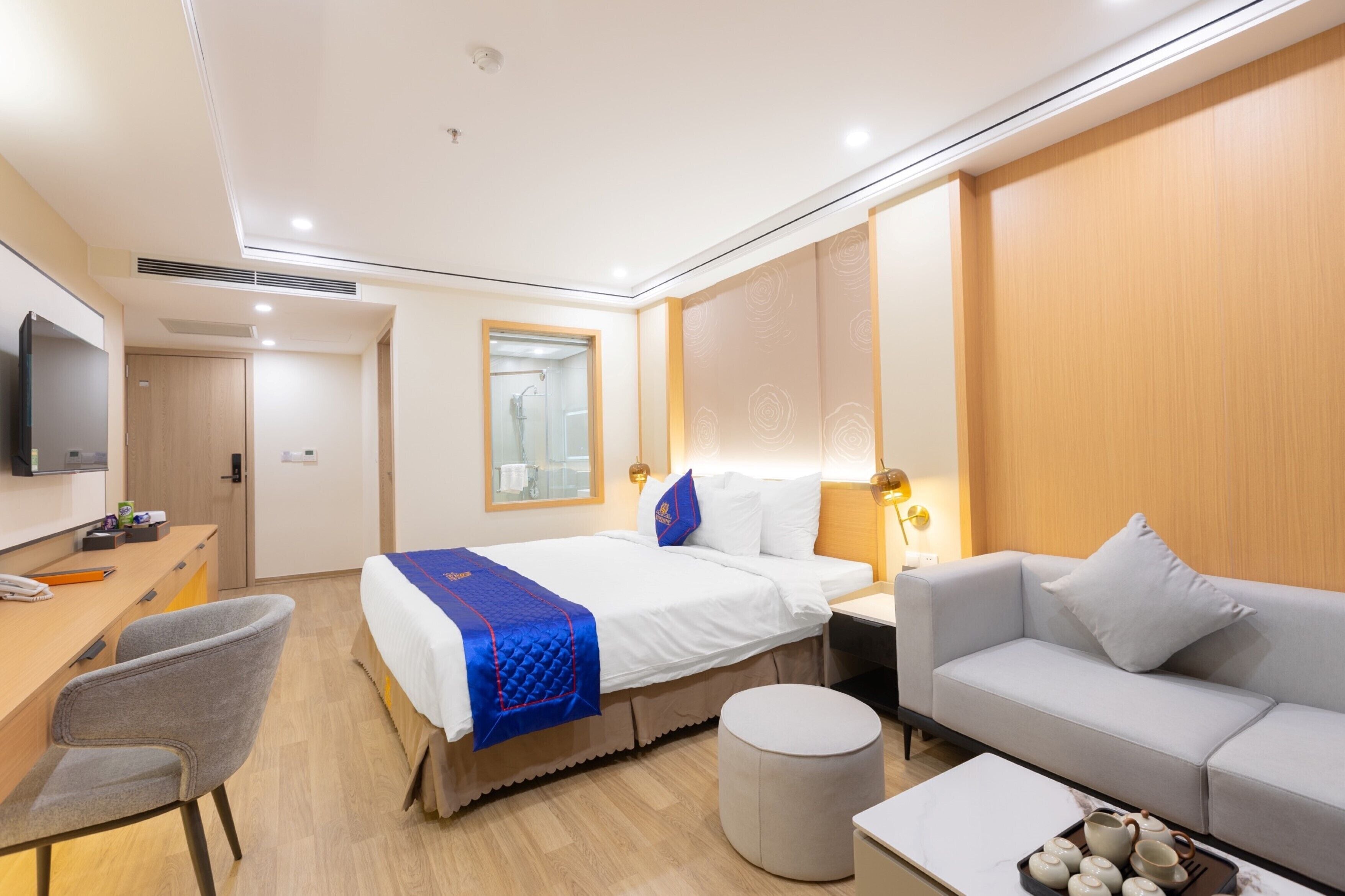 A hotel room with a bed, a sofa, a desk, and a television.