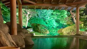 Un jardin intérieur paisible, agrémenté d’un bassin, de structures en bois et d’une végétation luxuriante.