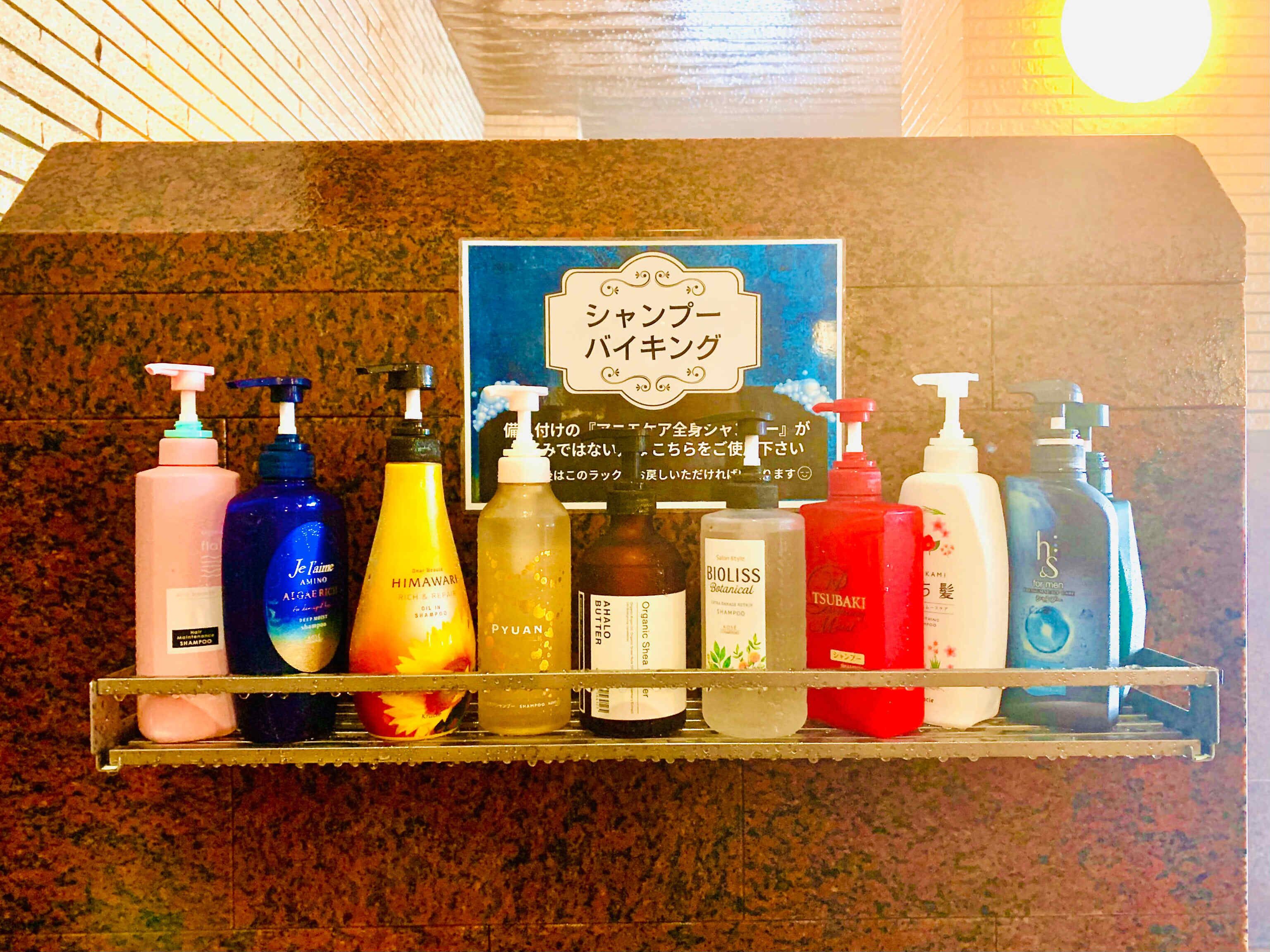 Variedad de champús y acondicionadores en un estante dentro de un baño.