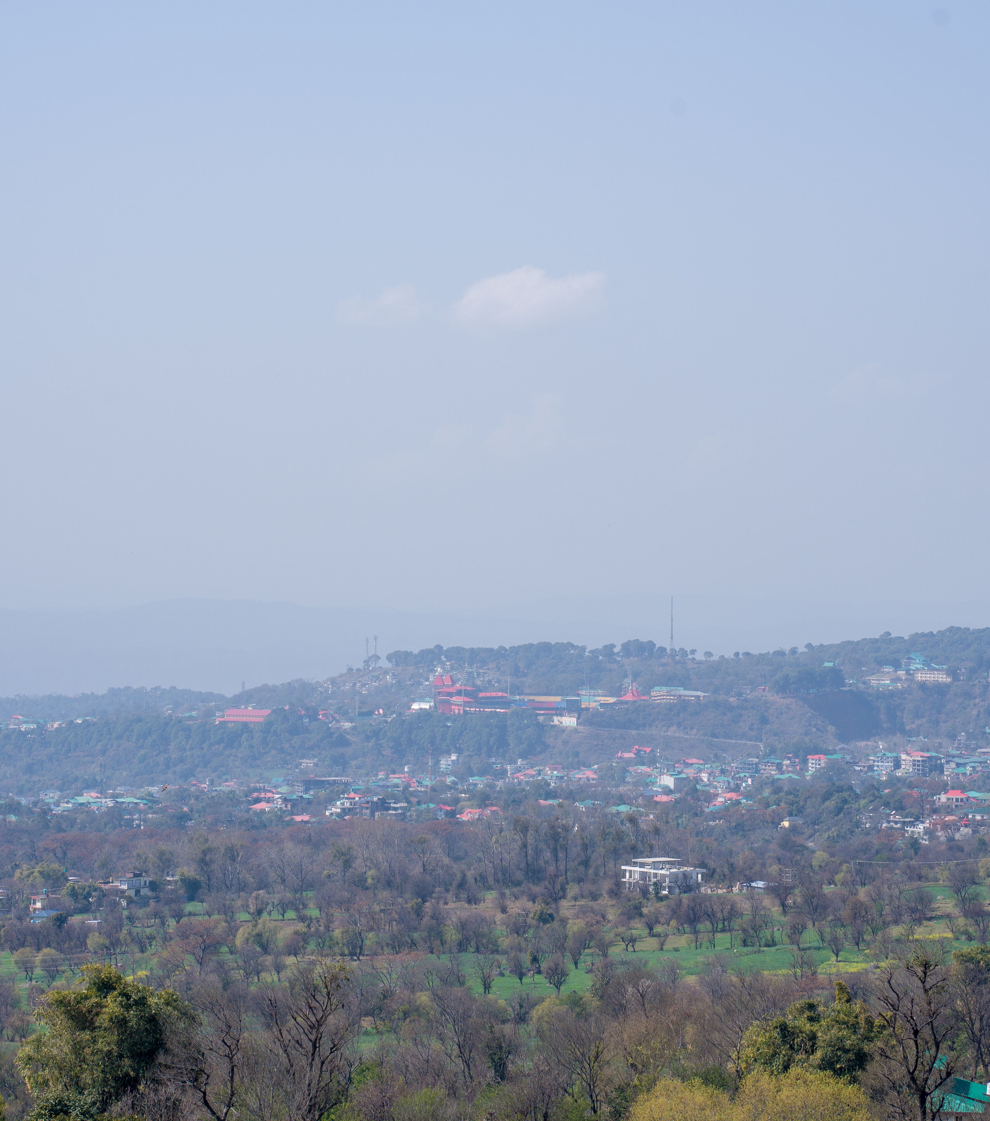 Vista panorámica de una ciudad con edificios dispersos en un paisaje montañoso.