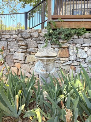 A stone wall with a decorative frog fountain, surrounded by green plants.