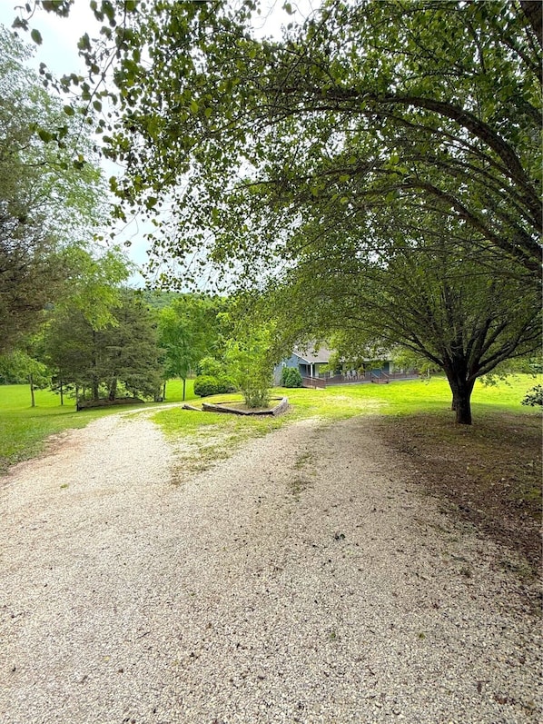 A gravel path leading through a park with trees and a house in the background.