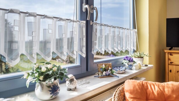 A window with a view of greenery, a radiator, a wicker chair, a cushion, and decorative items on the windowsill.