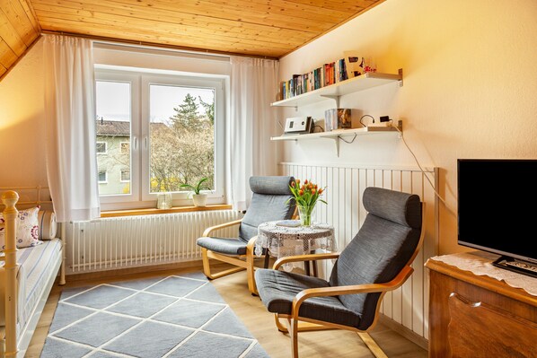 Una habitación acogedora con cama, dos sillones, una mesita con un florero, televisor y estantería.