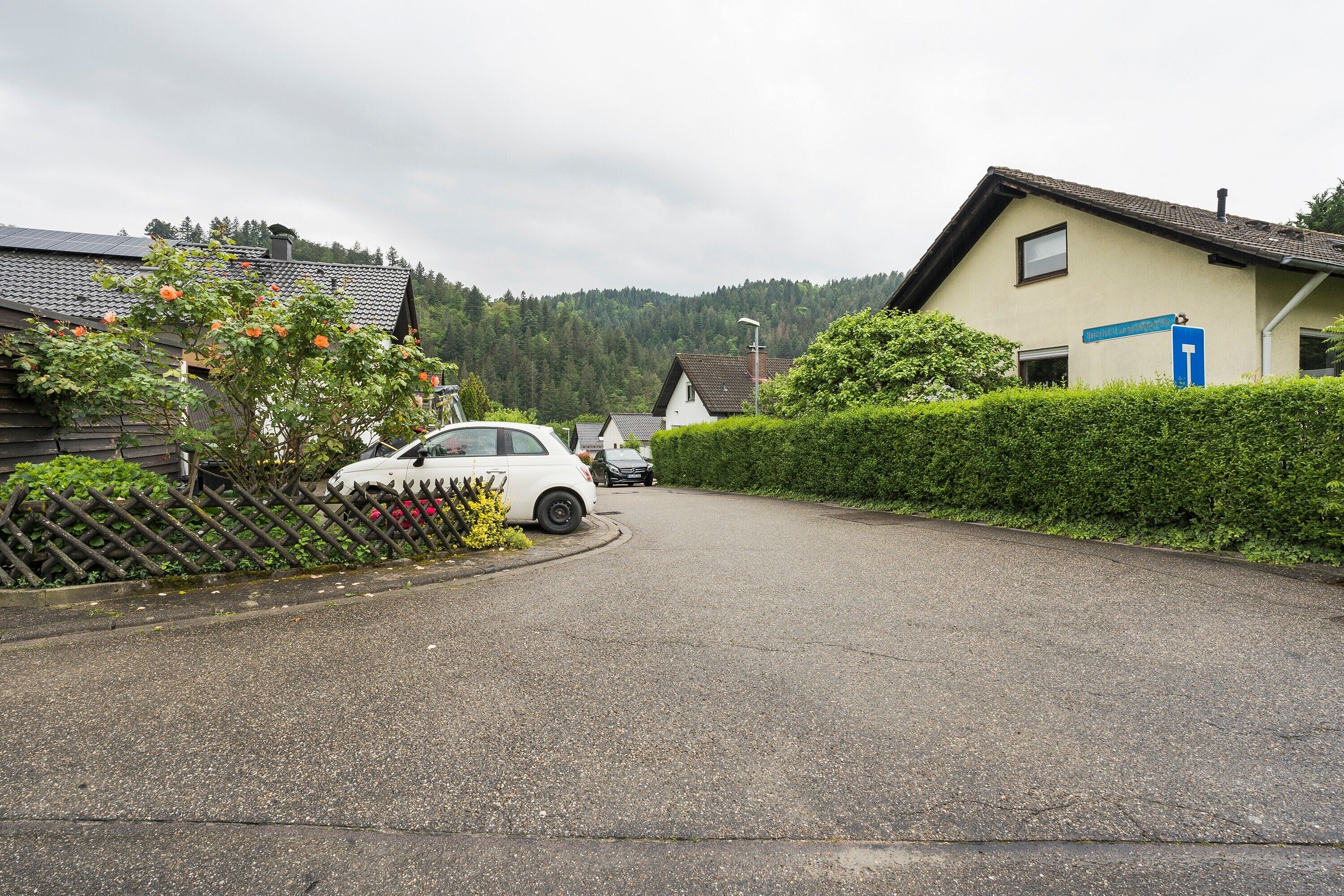 Eine Wohnstraße mit Häusern, einem weißen Auto, das am Straßenrand geparkt ist, und einer blauen Haustür an einem der Häuser.