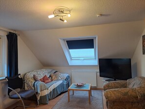 A cozy loft bedroom with a sloped ceiling, a skylight, a TV, and a comfortable seating area. - Apartment 'Les Papillons' with Mountain View, Shared Terrace and Wi-Fi (Tennenbronn)