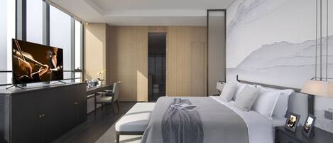 Une chambre d’hôtel moderne dotée d’un grand lit, d’un bureau avec une télévision, d’une grande fenêtre et d’un mur au motif rappelant le marbre.